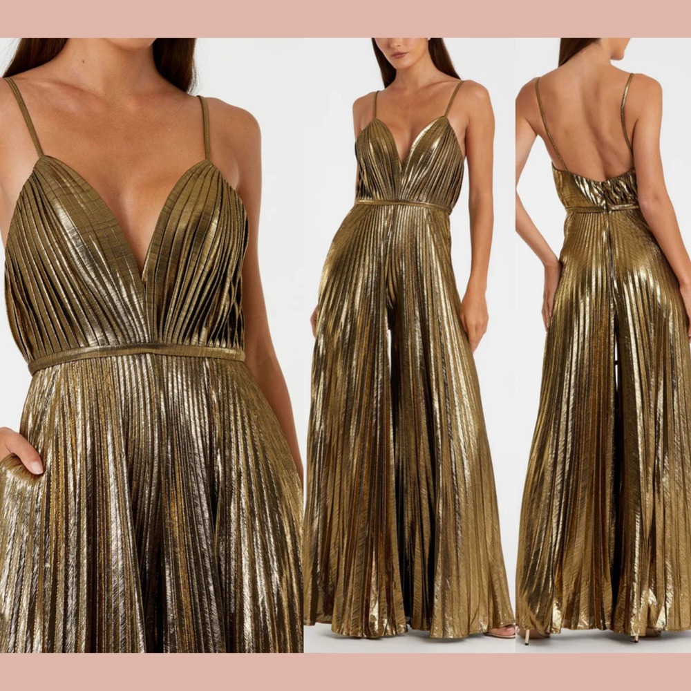 NWT IEENA Mac Duggal [ 0 ] 27143 Metallic Pleated‎ V Neck Jumpsuits Gold #J1902
